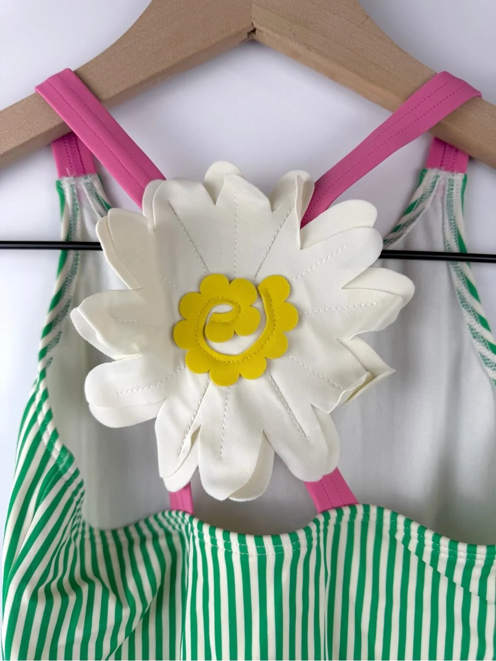 Mini Boden Girls 6-7 Green Striped Daisy Flower Swimsuit